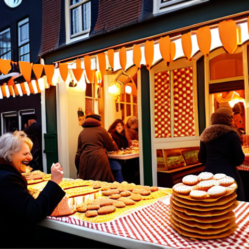 **Image Prompt:** A cozy "Hollandse Avond" scene. Tables laden with "bitterballen" and "stroopwafels." People laughing and enjoying Dutch music. Warm lighting and traditional Dutch decorations like orange streamers and miniature windmills. (Focus: gezelligheid and Dutch culture).