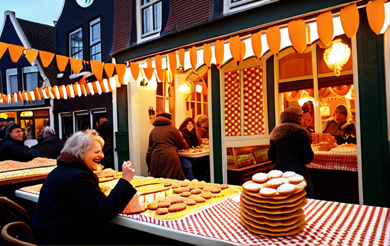 **Image Prompt:** A cozy "Hollandse Avond" scene. Tables laden with "bitterballen" and "stroopwafels." People laughing and enjoying Dutch music. Warm lighting and traditional Dutch decorations like orange streamers and miniature windmills. (Focus: gezelligheid and Dutch culture).