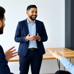 A diverse group of adults, fully clothed in modest professional attire, engaging in a constructive feedback session in a brightly lit, modern co-working space. One individual is speaking clearly, gesturing respectfully, while another listens attentively, making eye contact. The atmosphere is open and collaborative, reflecting trust and mutual respect. Natural pose, perfect anatomy, correct proportions, well-formed hands, proper finger count, natural body proportions. Professional photography, high quality, safe for work, appropriate content, fully clothed, family-friendly.